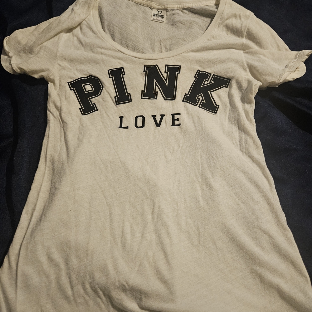 PINK Victoria's Secret Cream Tee with Black Print
